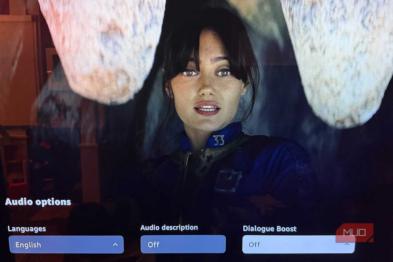 A screenshot from the series Fallout with the Amazon Prime Video Dialogue Boost option in the audio settings.