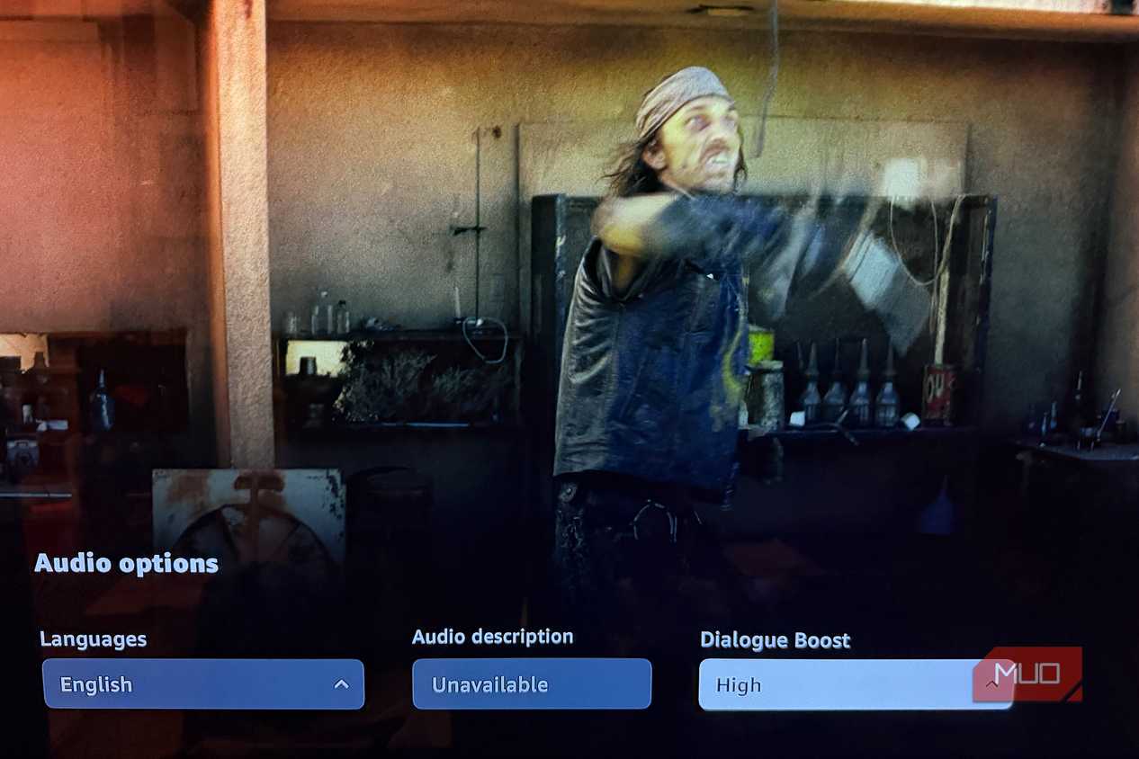 A screenshot from the series Fallout with the Amazon Prime Video Dialogue Boost option in the audio settings.
