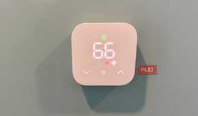 amazon smart thermostat on wall showing fan running