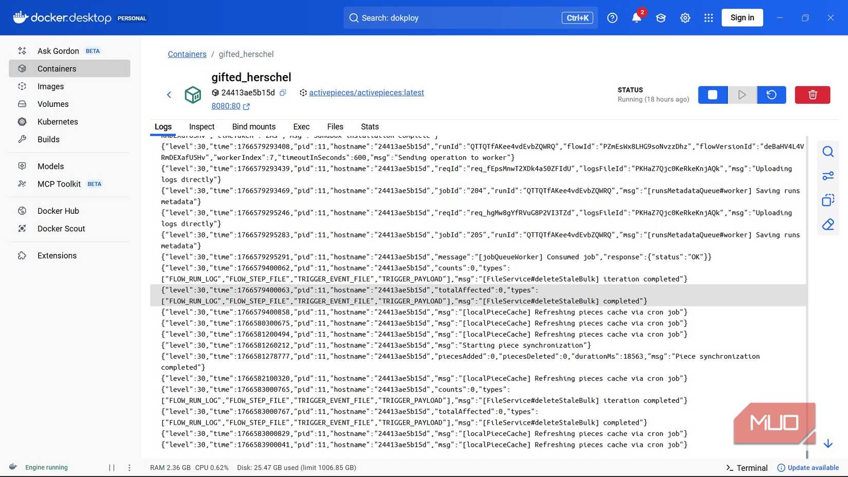 An Activepieces container running in Docker