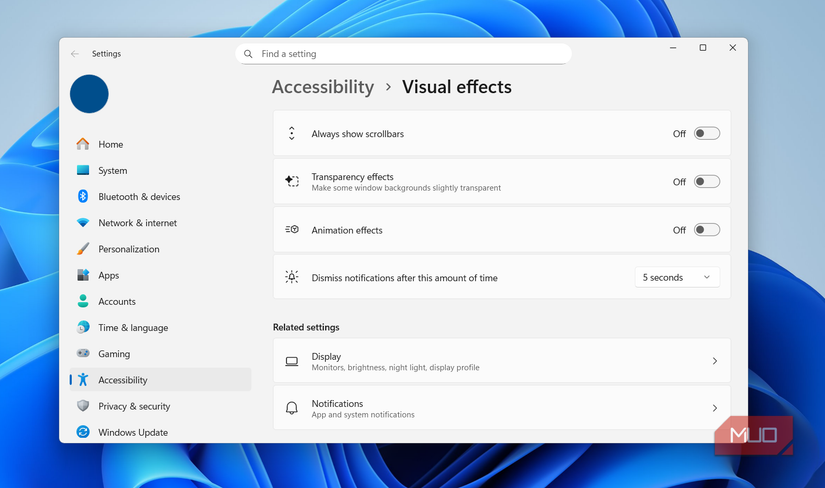 Animation and transparency effect settings in Windows