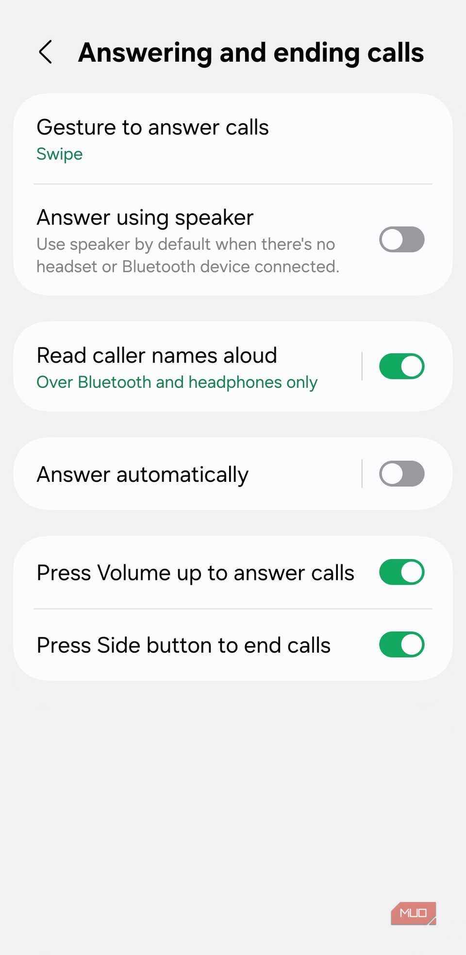 Answering and ending calls menu on Android