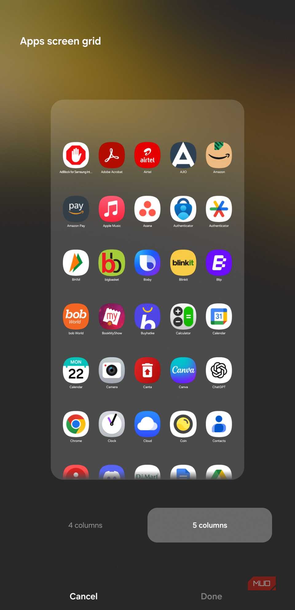 Apps screen options in tablet mode