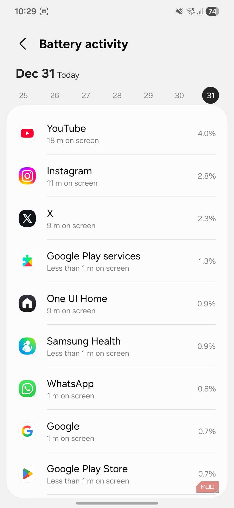 Battery activity menu on Samsung phone