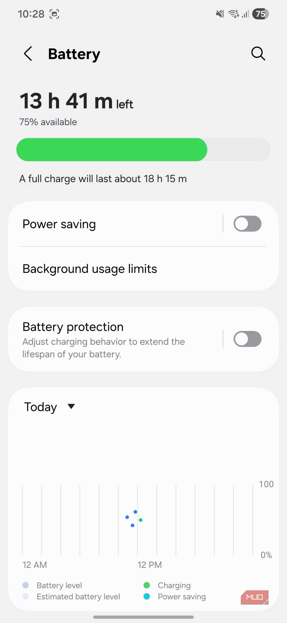 Battery settings menu on Samsung phone