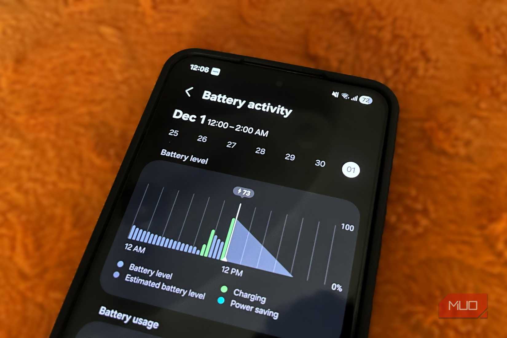 Battery usage menu on Android phone
