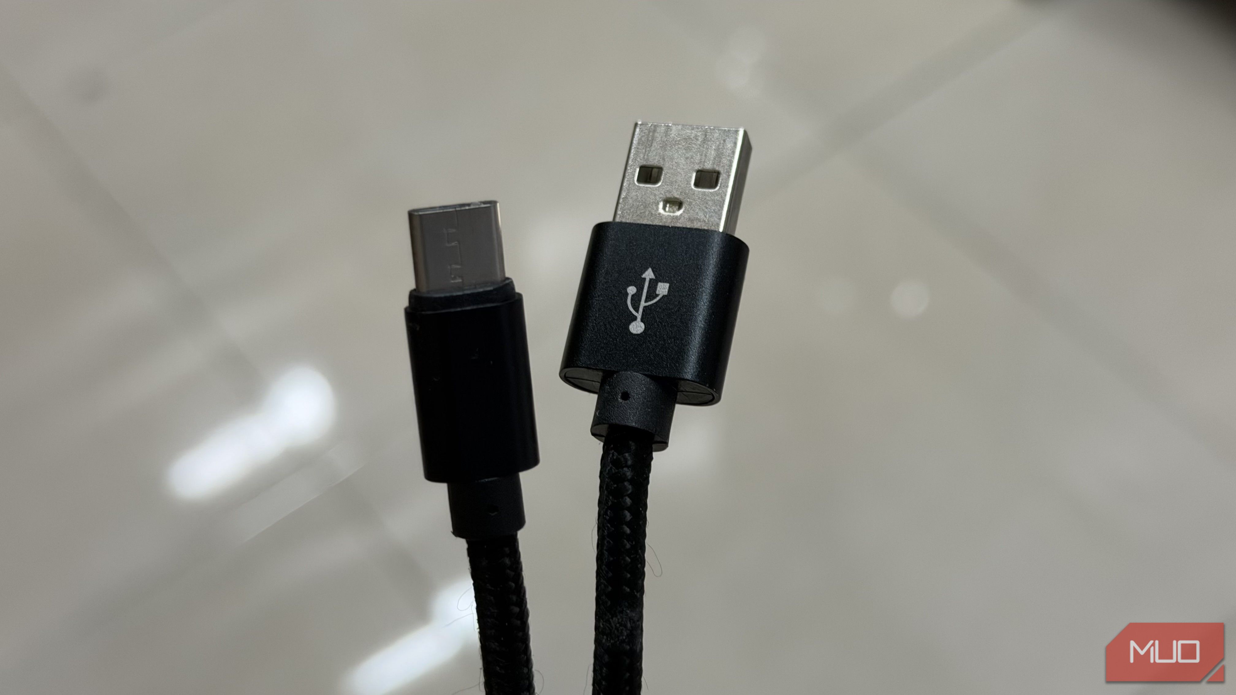 Close up of a USB-A to USB-C cable