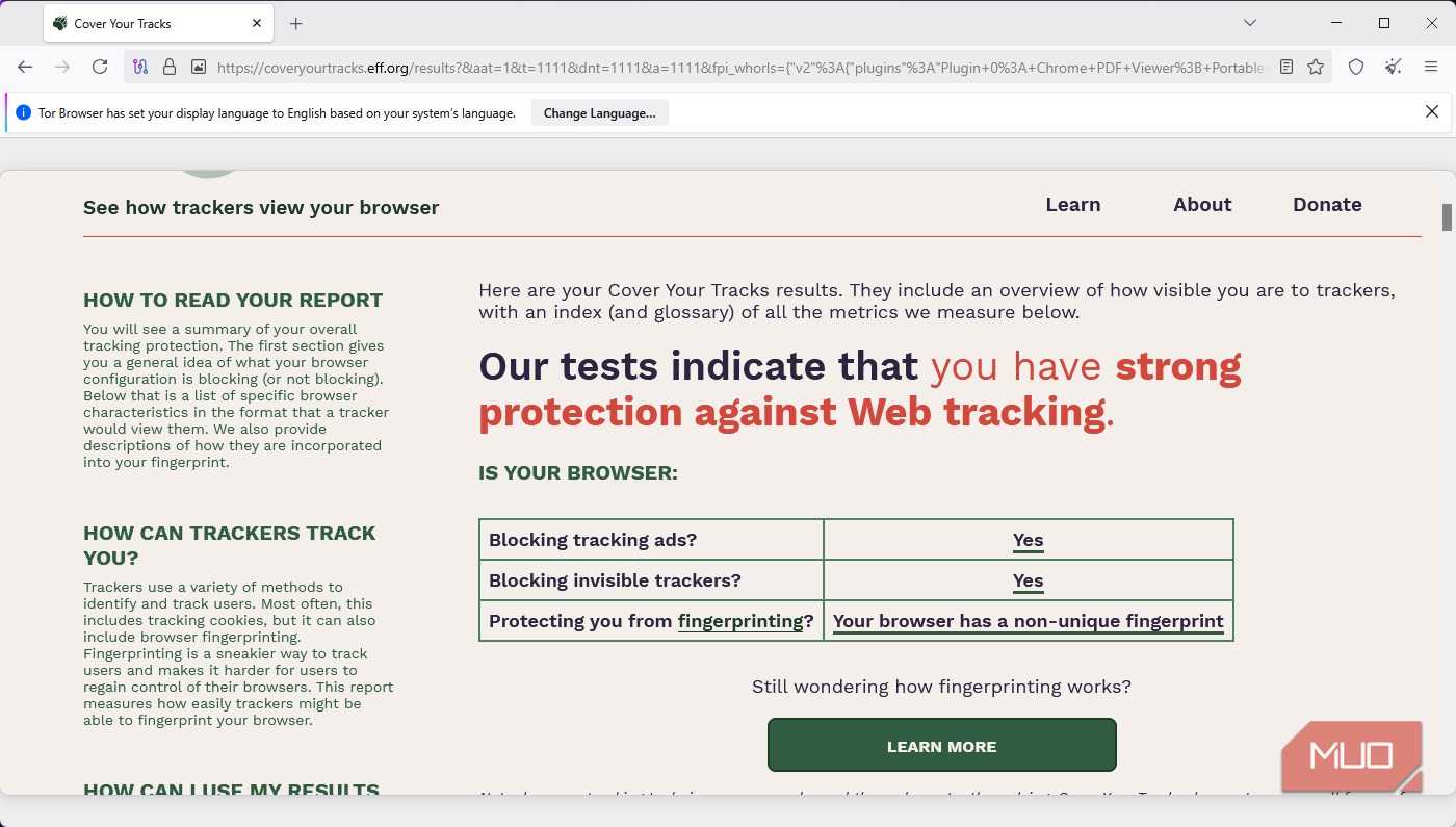 Cover Your Tracks test on the Tor browser