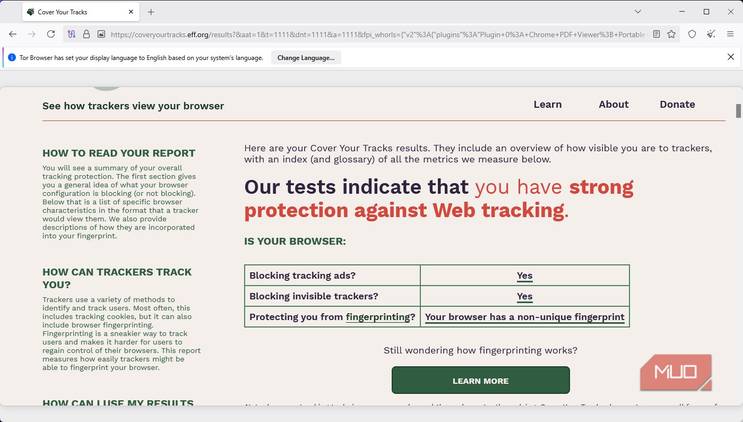 Cover Your Tracks test on the Tor browser