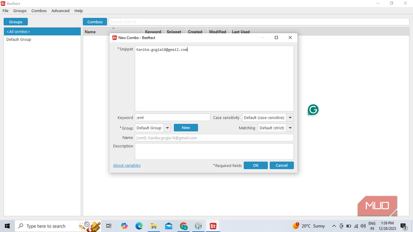 Creating a new combo in Beeftext