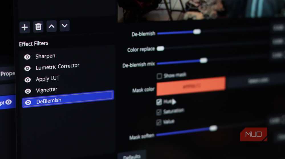OBS Studio's filter settings include advanced options like the Deblemish filter for video.