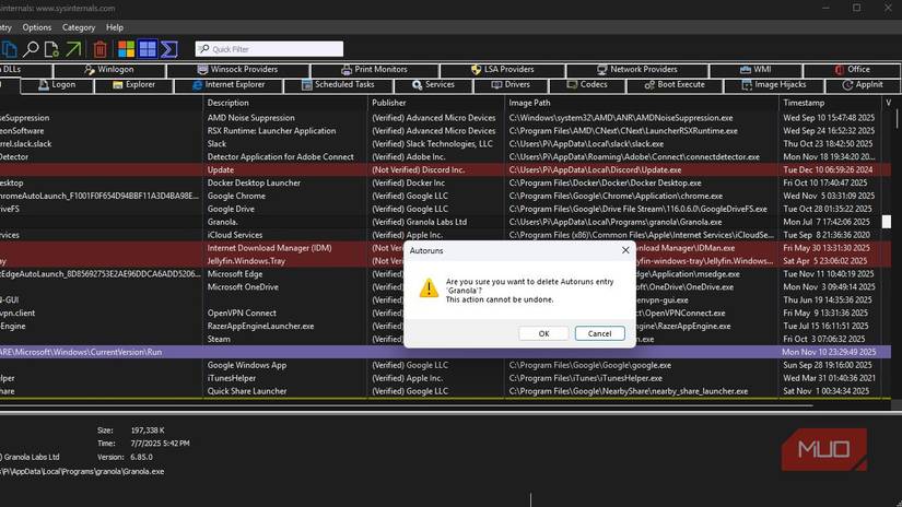 Deleting an entry in Microsoft Autorons