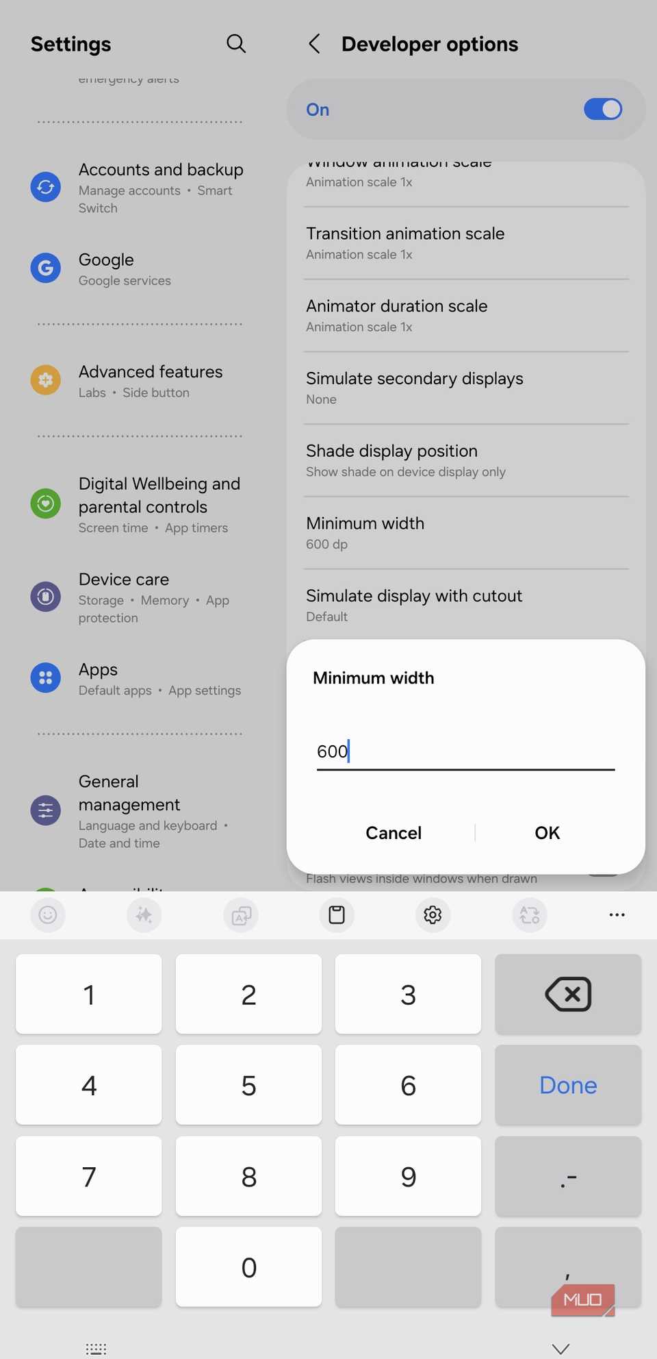 Developer options DPI option on Android phone