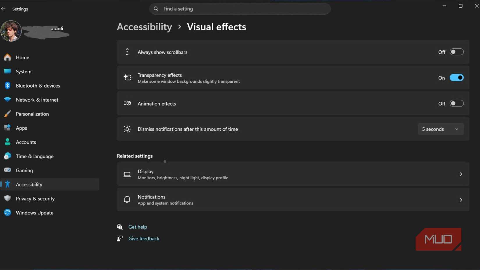 Disabling animations in Windows 11 settings