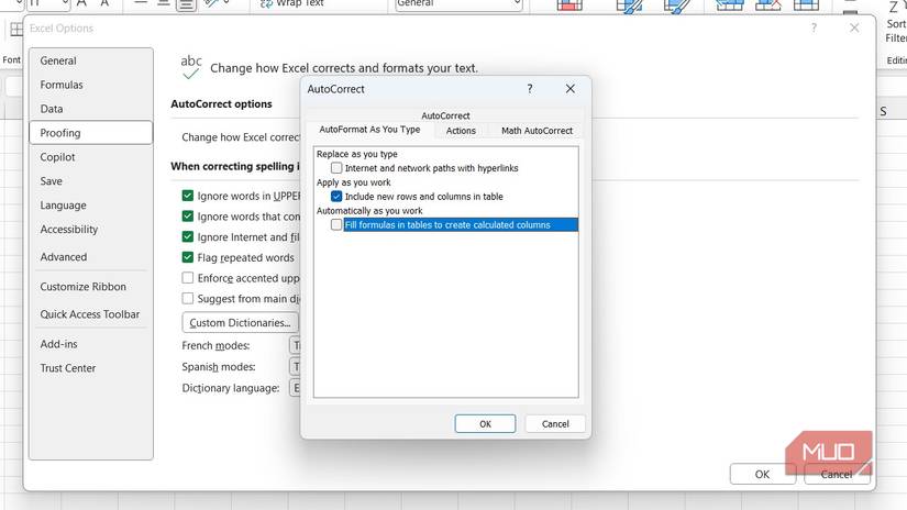 Deshabilitar la función para crear celdas de tabla calculadas automáticamente en Excel