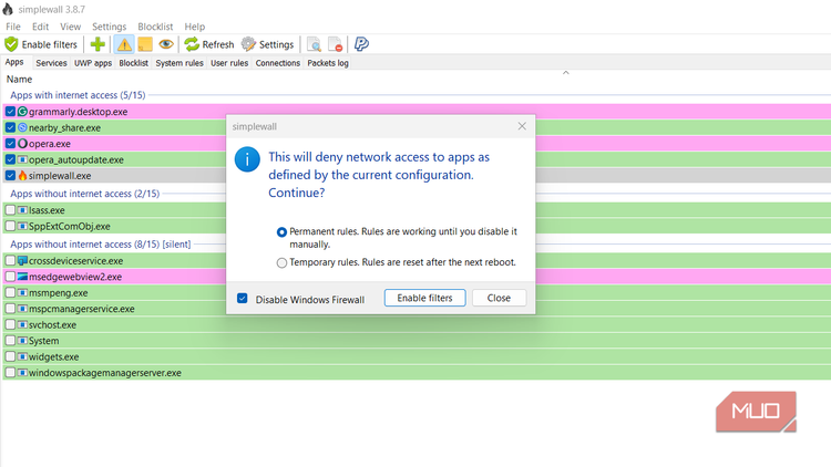 Enable rules in Simplewall.