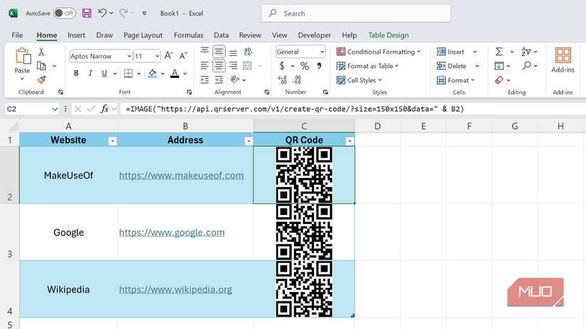 Excel table showing QR codes for websites using the IMAGE function.