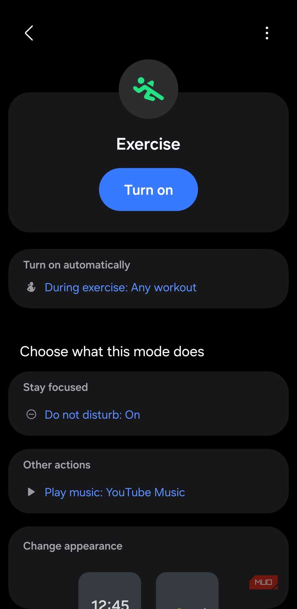 Exercise mode on Samsung phone