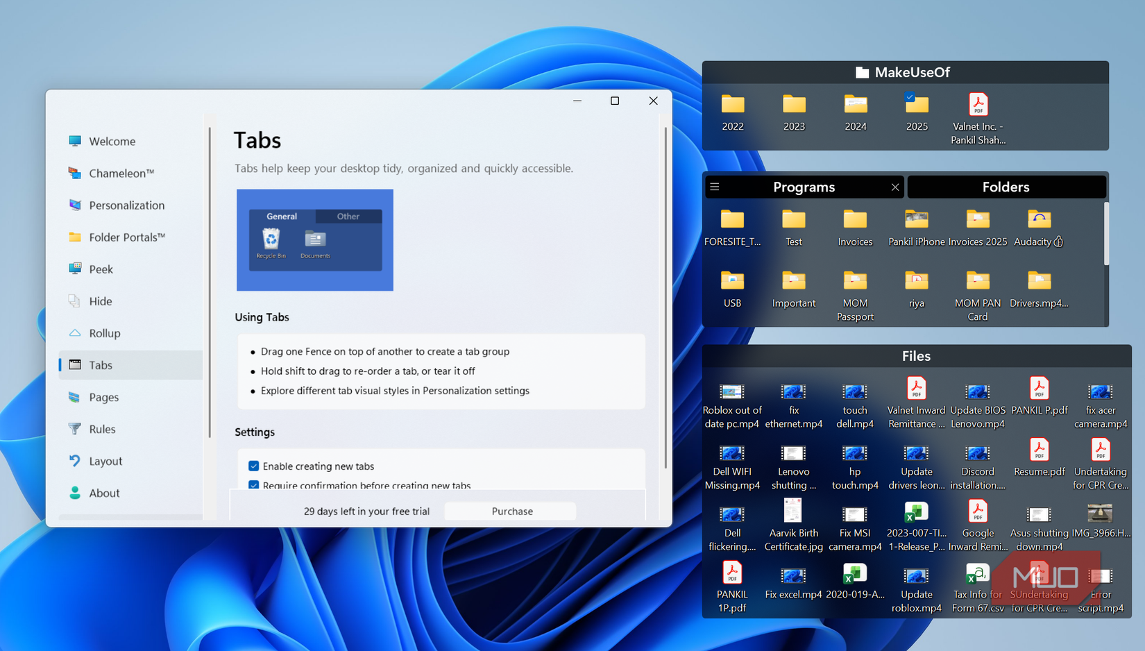 Fences tabs feature on desktop