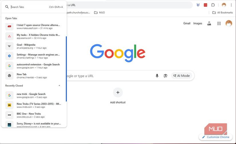 Finding tabs from multiple windows with Tab Search