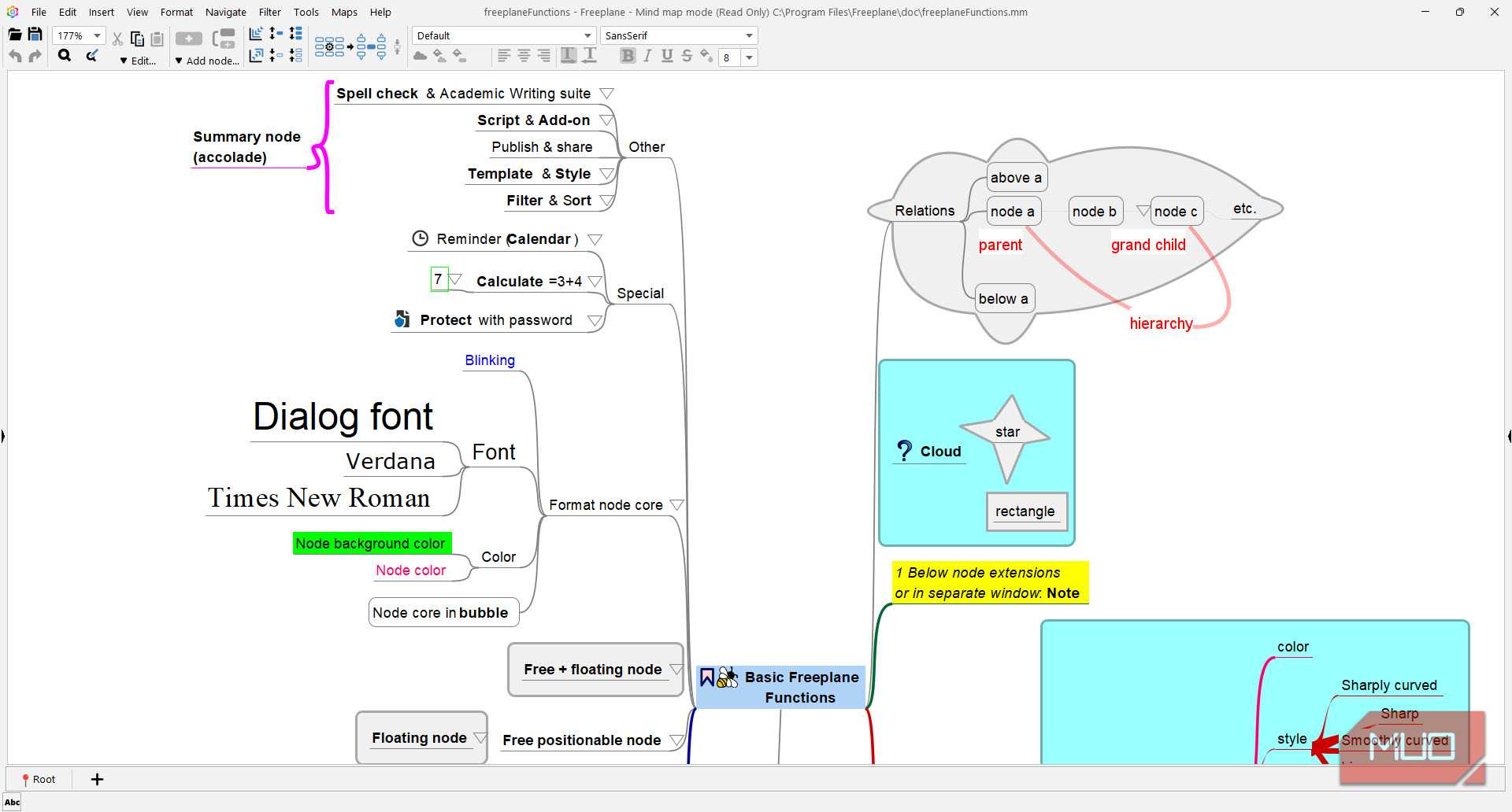 Freeplane with sample mind map open
