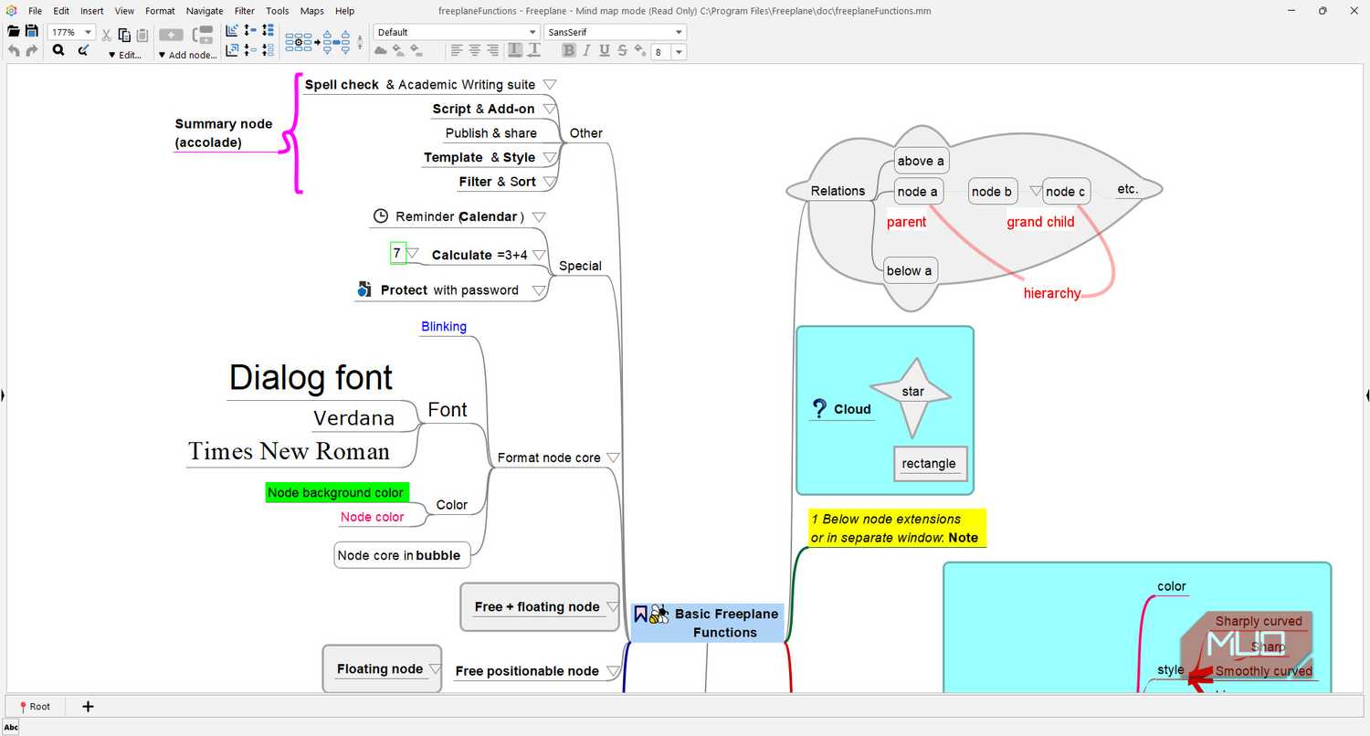 Freeplane with sample mind map open