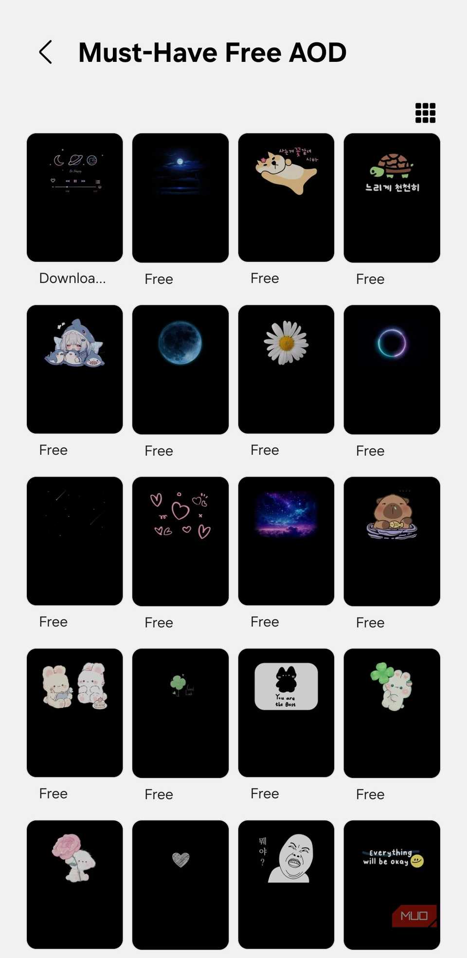 Galaxy Themes app showing AOD themes on Samsung phone