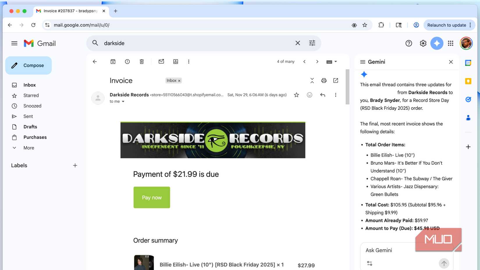 A summary of an email thread in Gmail.