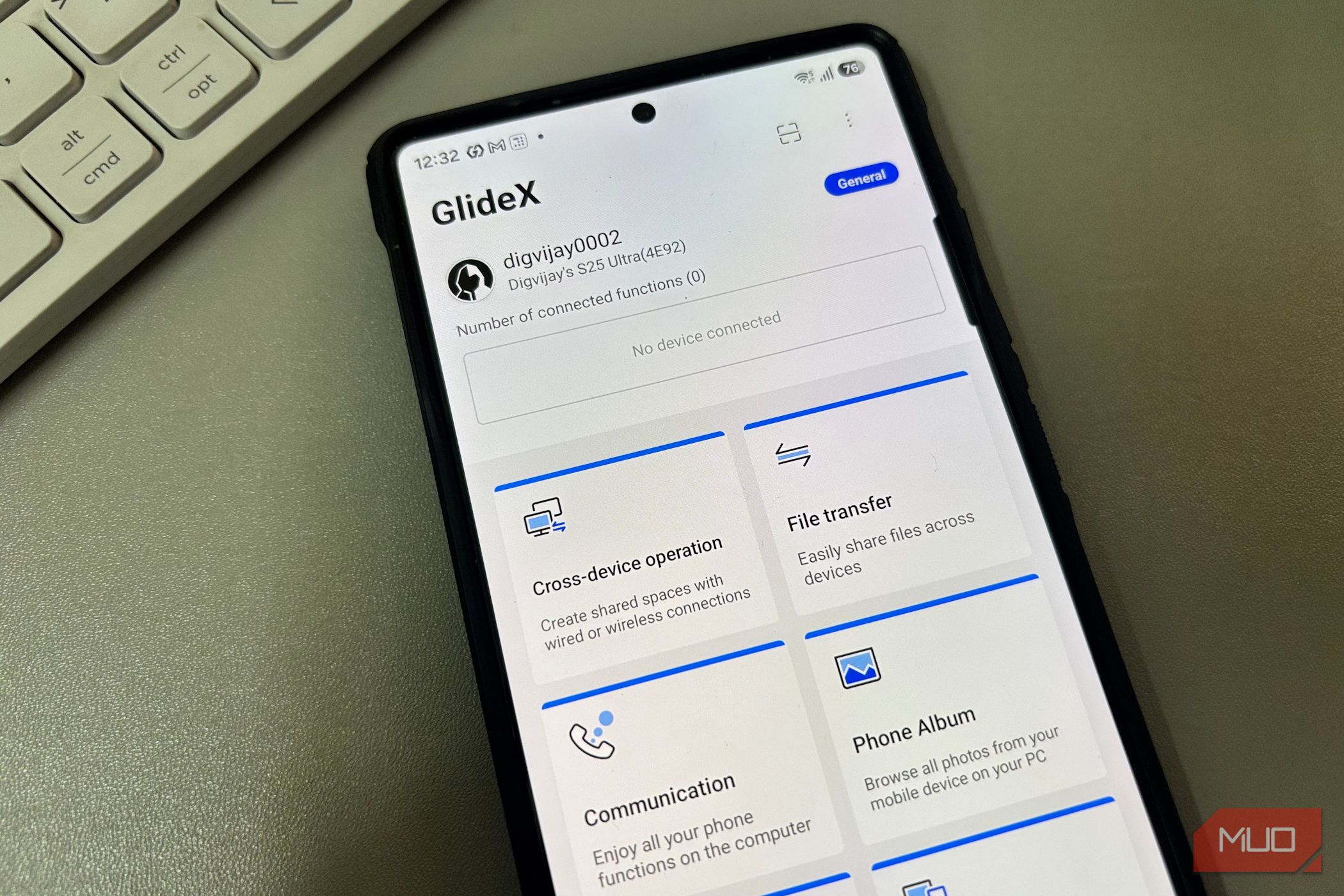 GlideX app home screen showing file transfer options on Android phone