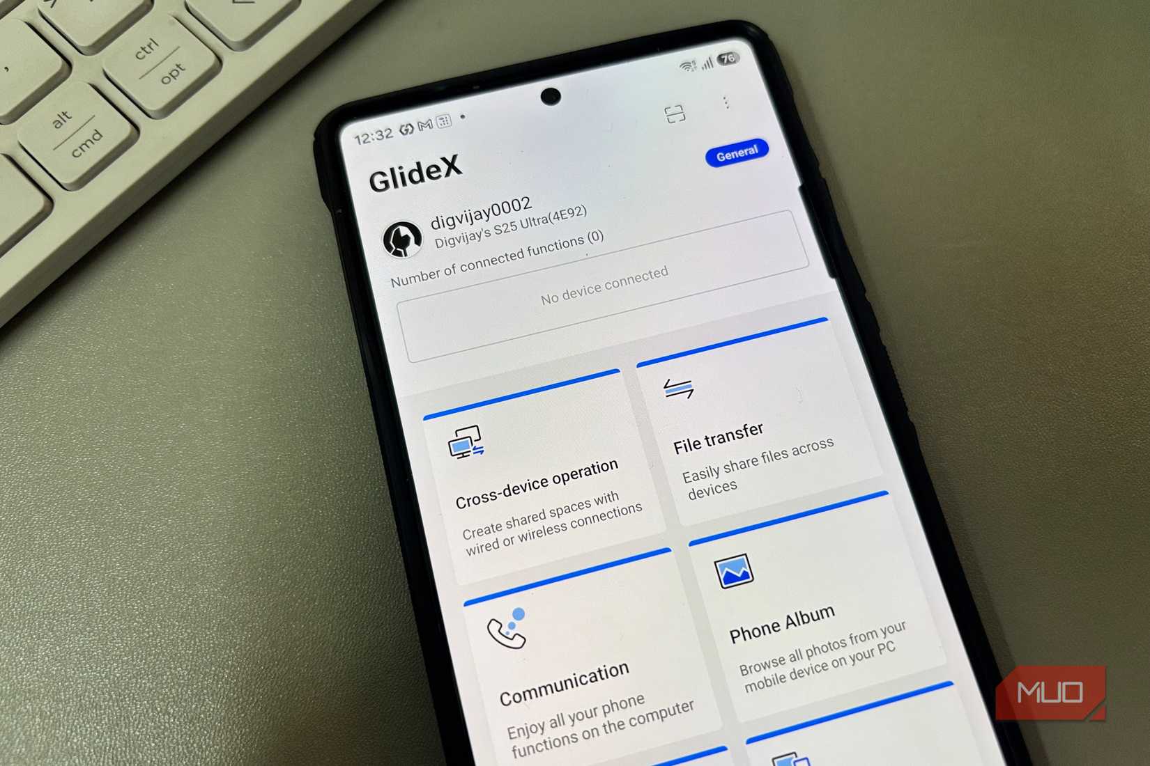 GlideX app home screen showing file transfer options on Android phone