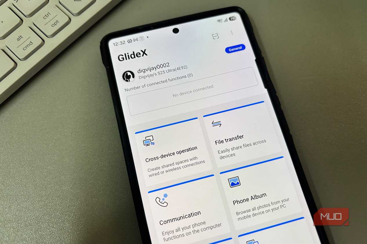 GlideX app home screen showing file transfer options on Android phone