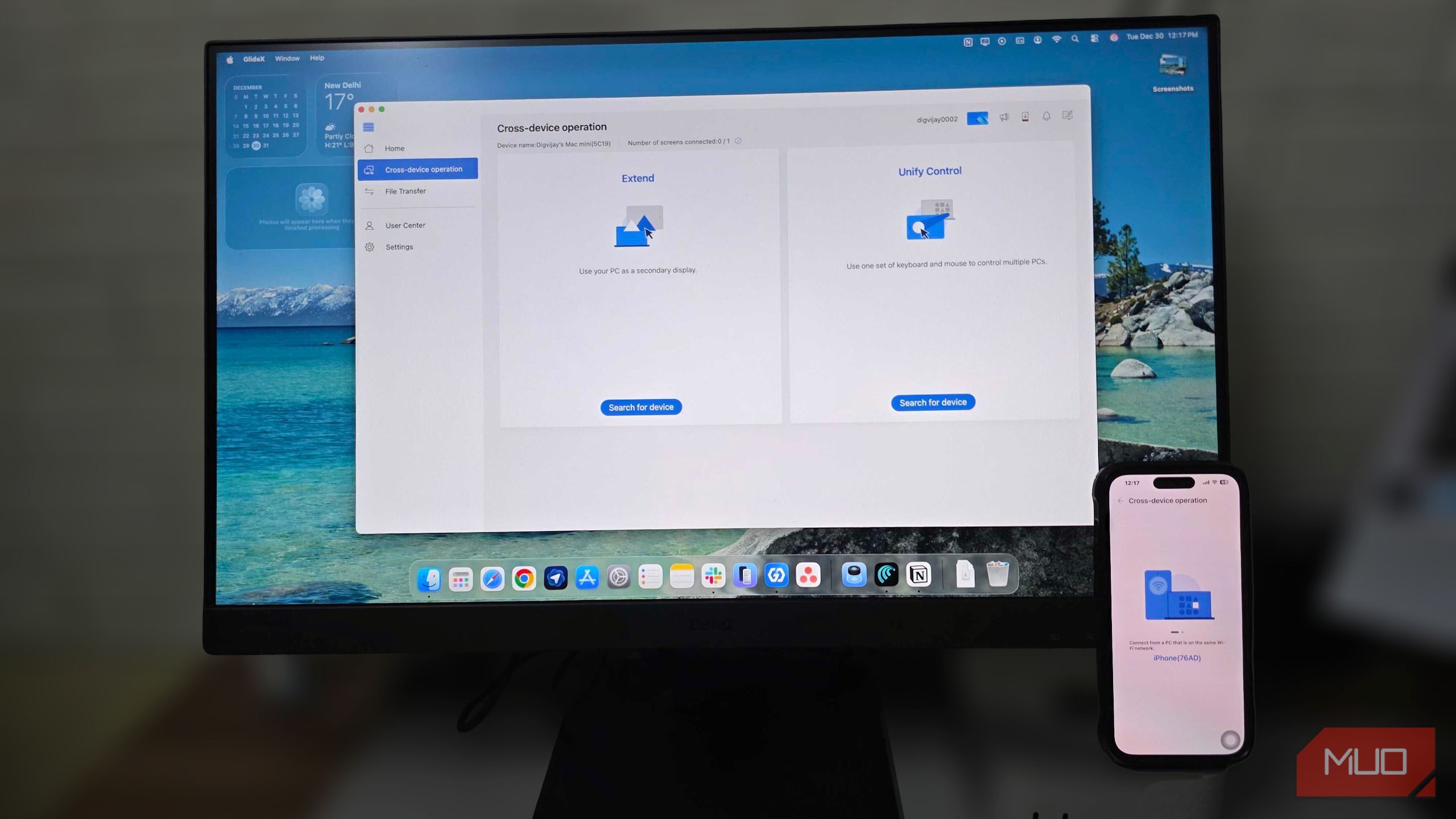 GlideX cross-device operation screen on macOS with iPhone connected alongside