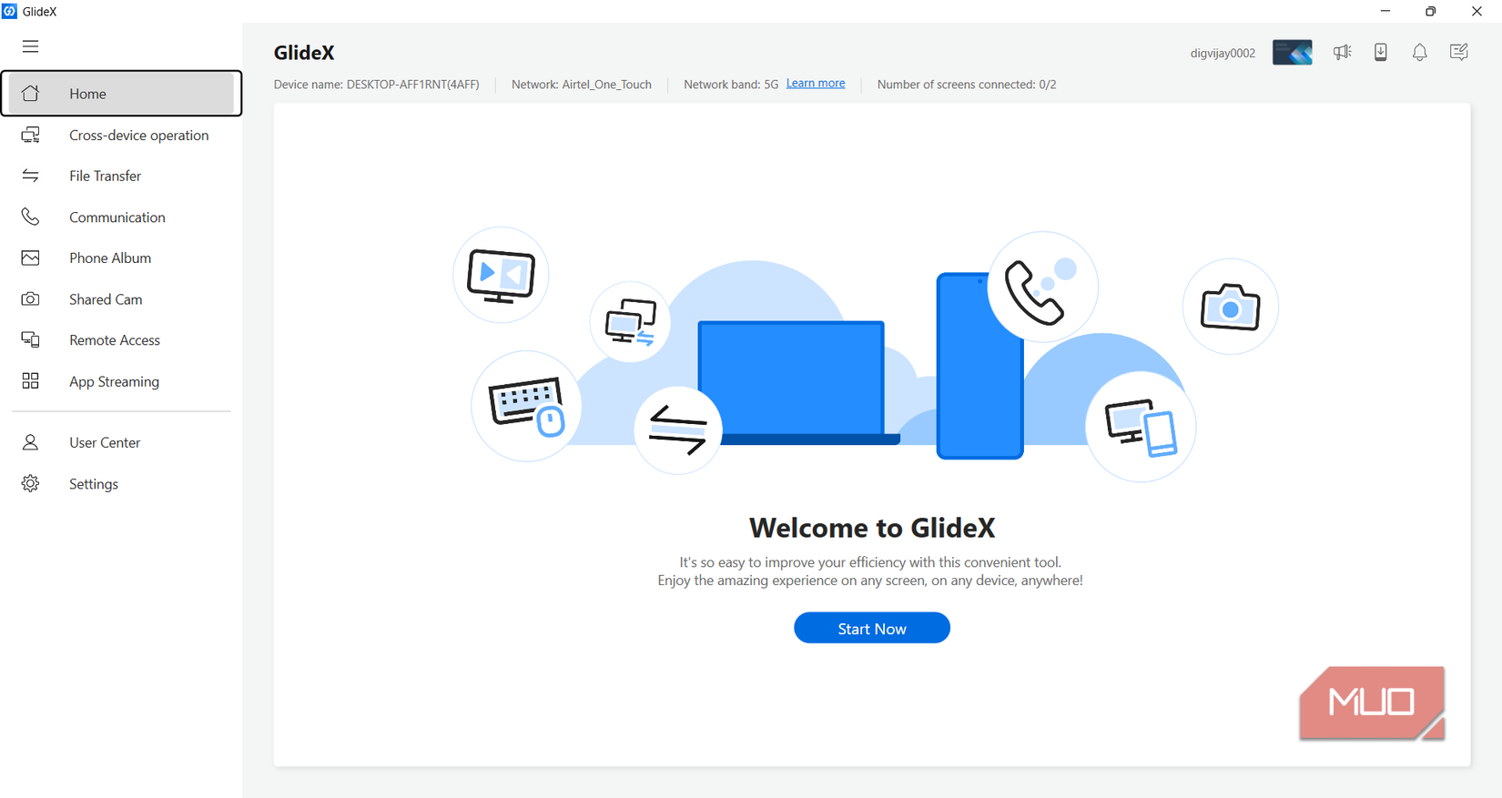 GlideX desktop app home screen