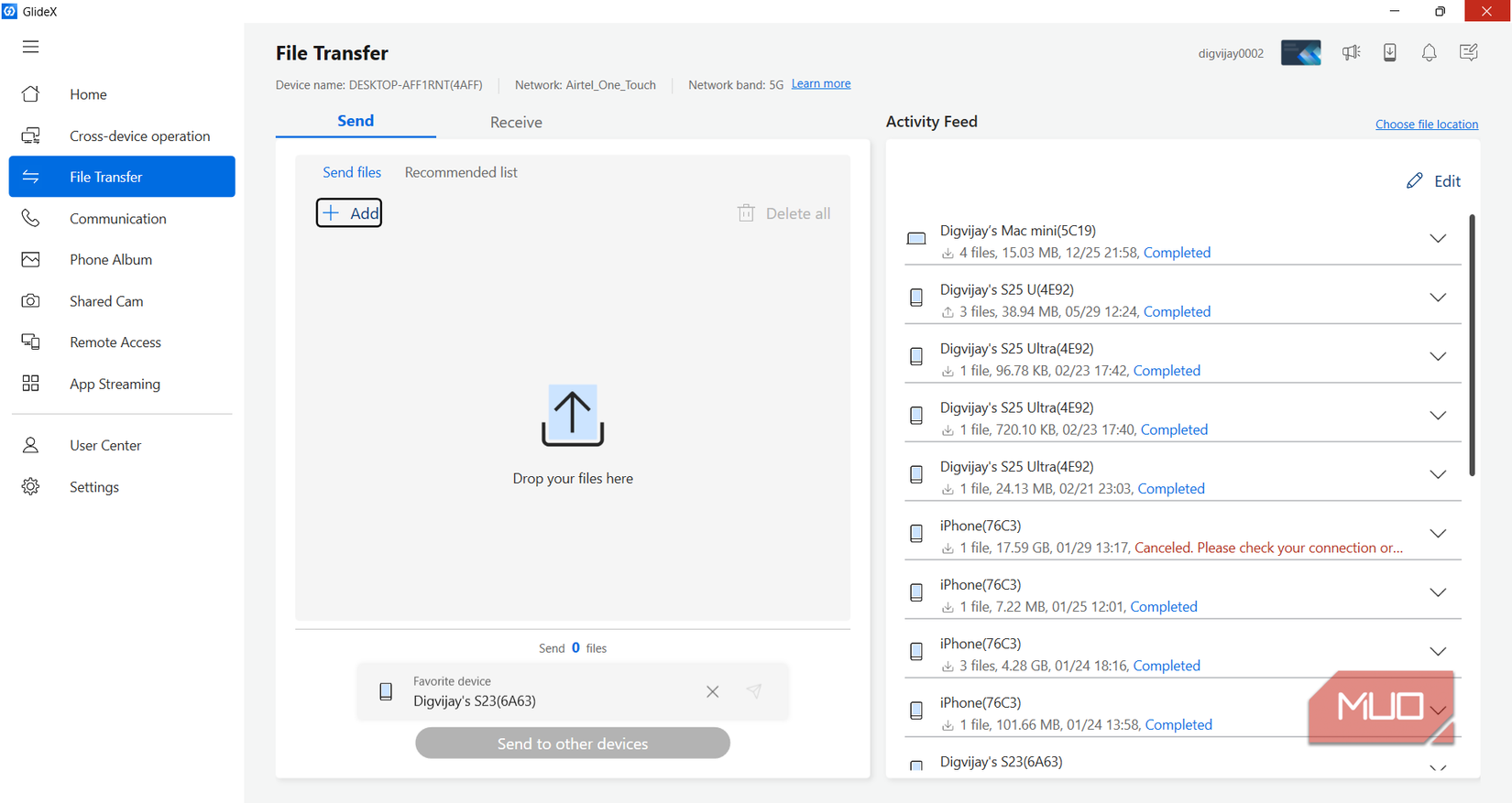 GlideX File Transfer send screen on Windows with drag-and-drop upload and activity feed