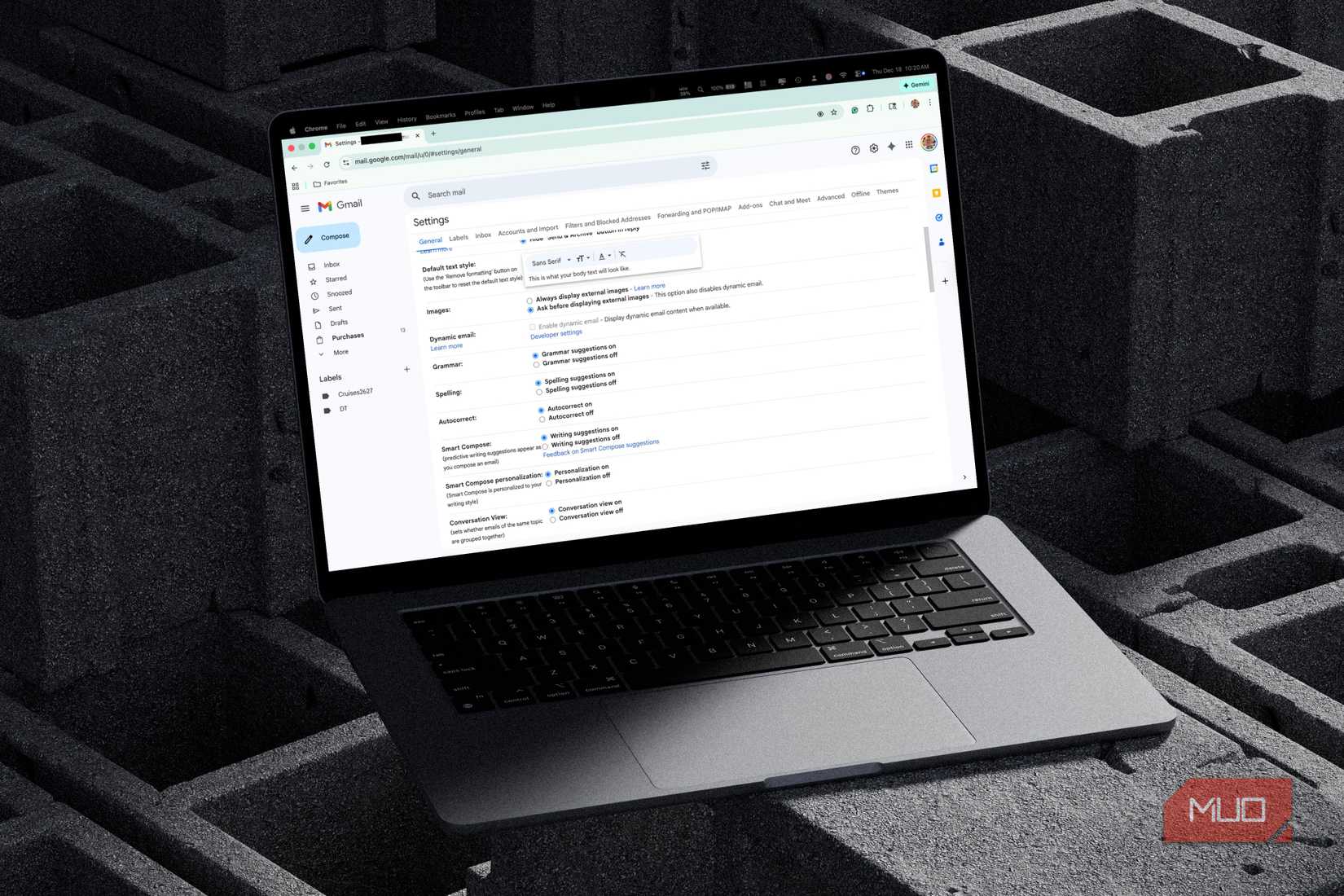 Gmail settings being shown on Chrome on a MacBook Pro. 