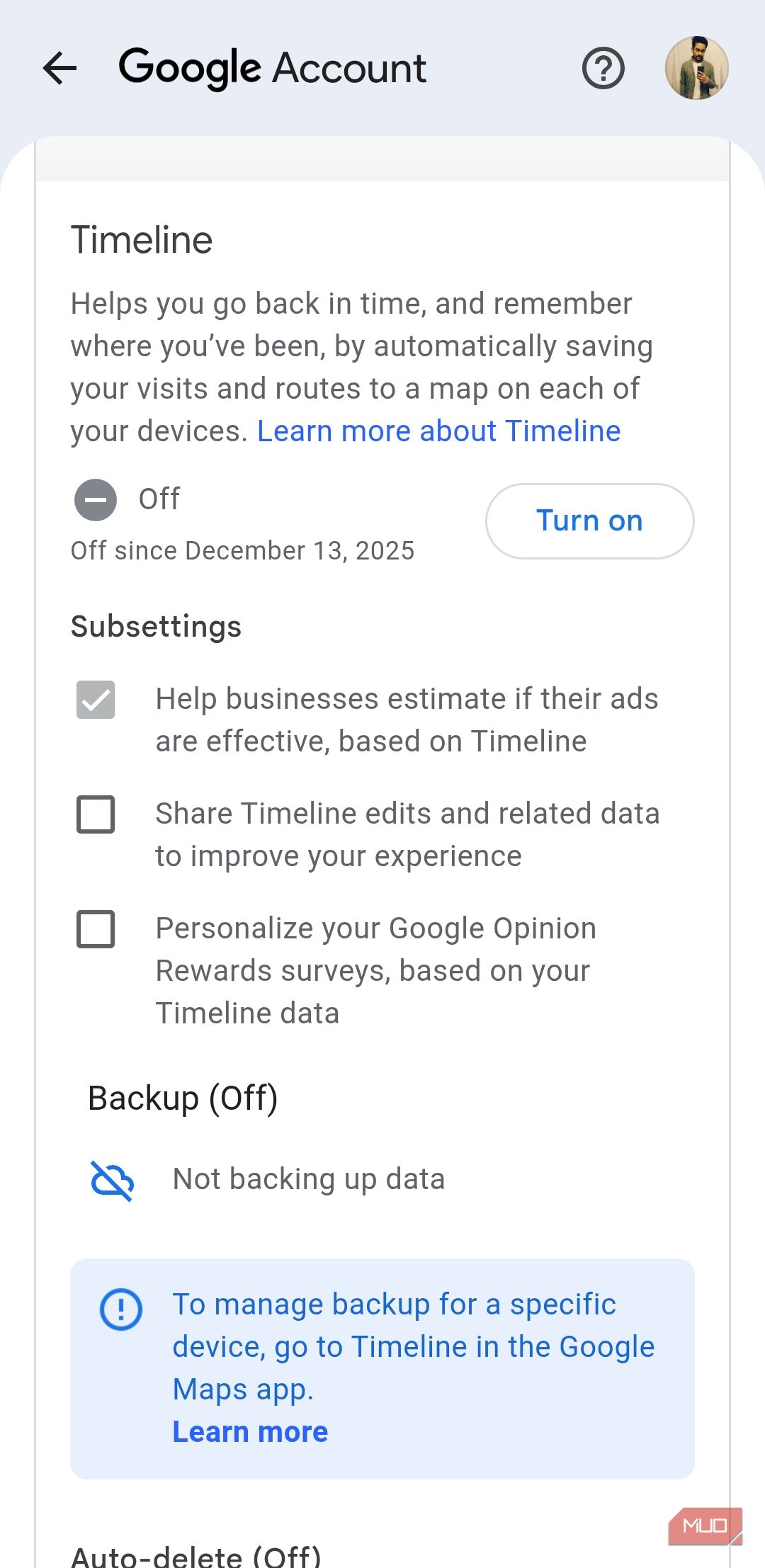 Google Maps timeline menu on phone