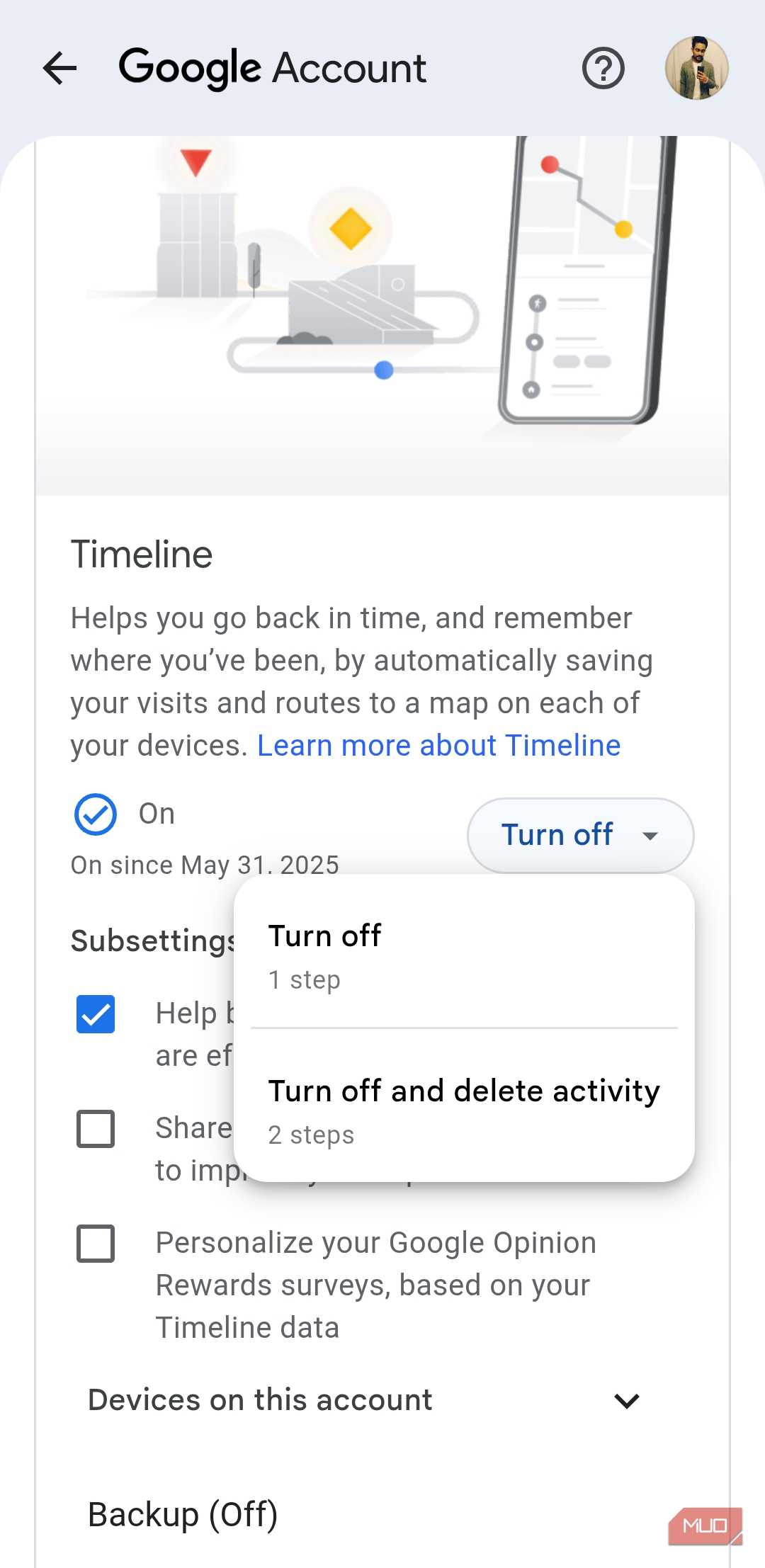 Google Maps timeline settings on Android