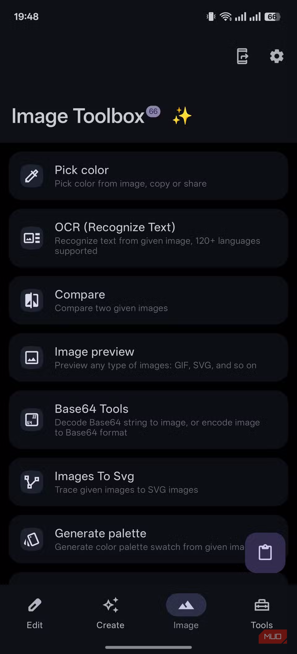 Image Toolbox app interface showing utility tools like color picker, OCR text recognition, and image comparison.