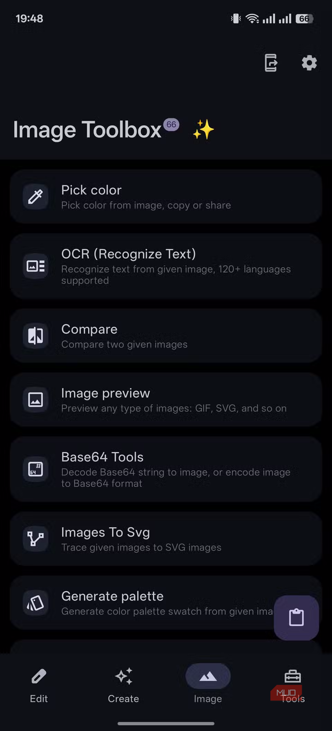 Image Toolbox app interface showing utility tools like color picker, OCR text recognition, and image comparison.