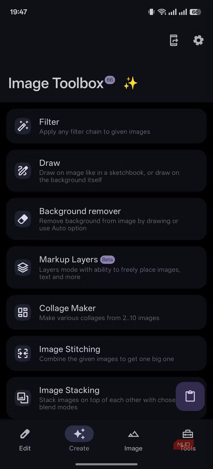 Image Toolbox creative menu listing options for filters, background removal, and collage making.