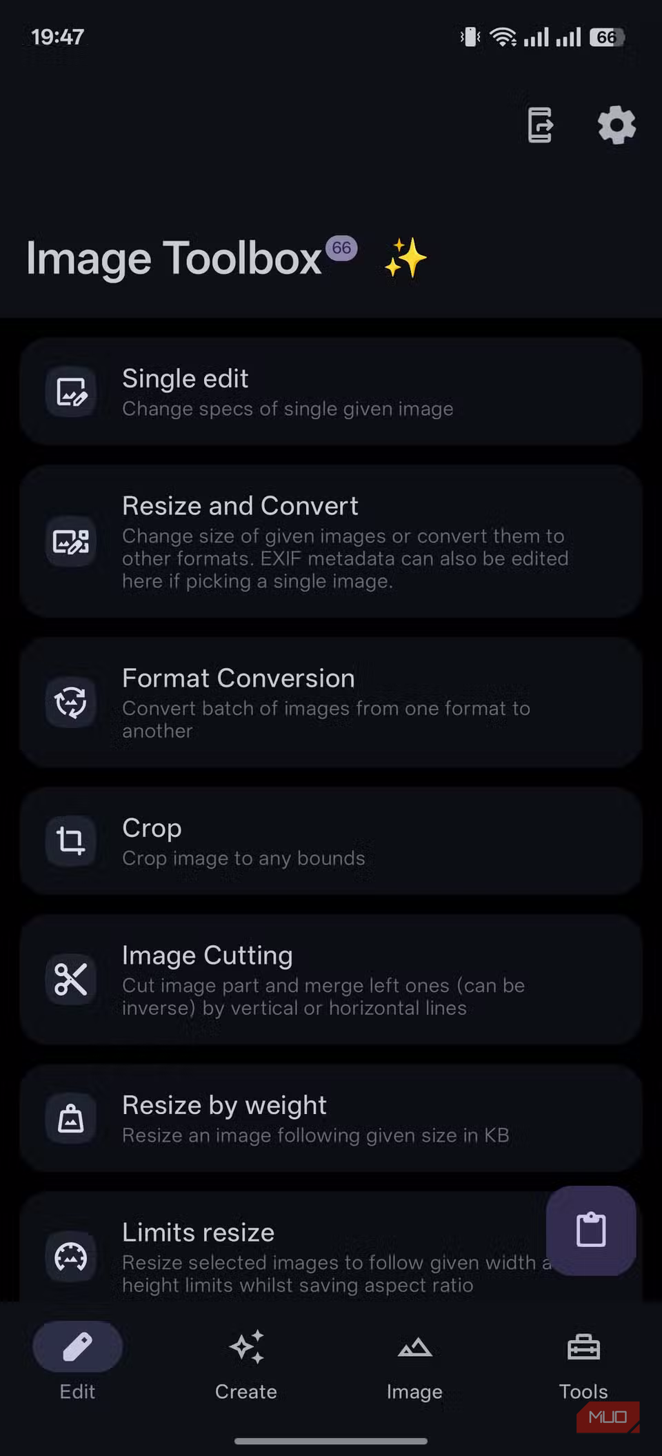 Image Toolbox editing screen displaying features for resizing, format conversion, and cropping images.