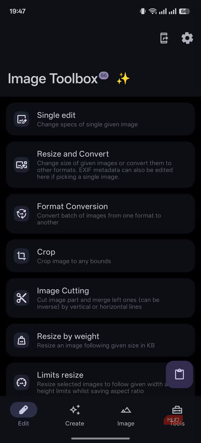 Image Toolbox editing screen displaying features for resizing, format conversion, and cropping images.