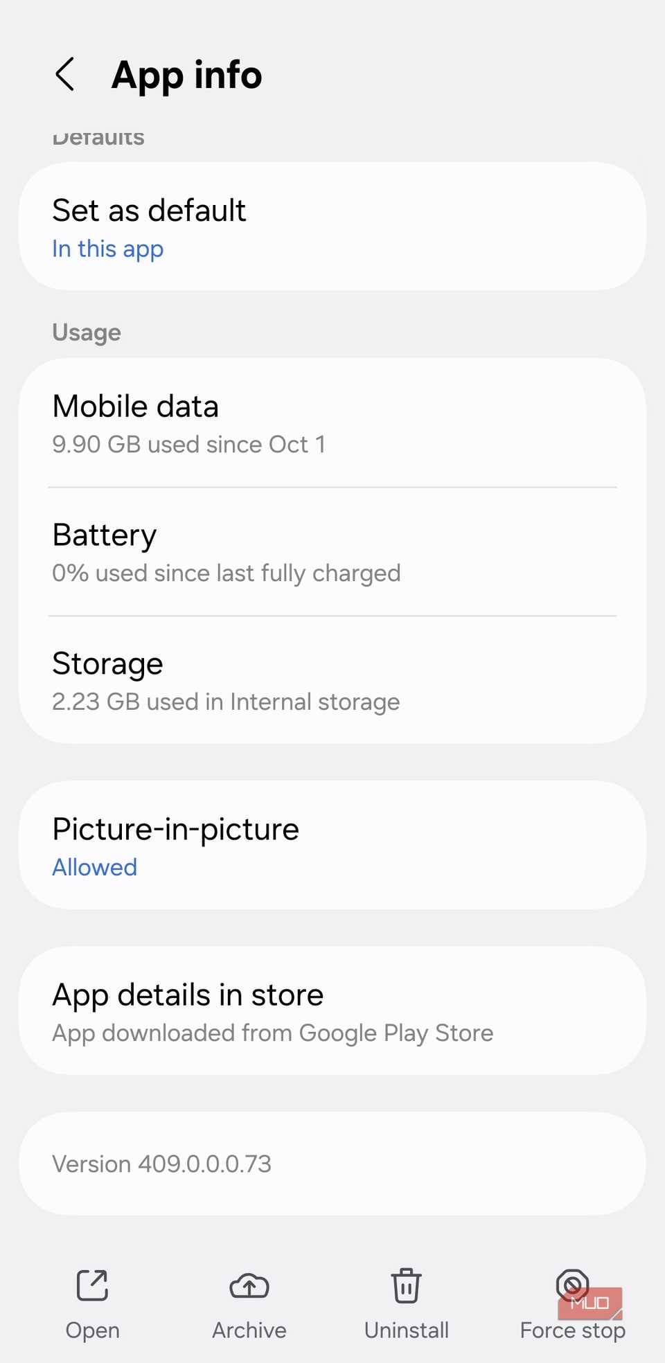 Информация о приложении Instagram на Android