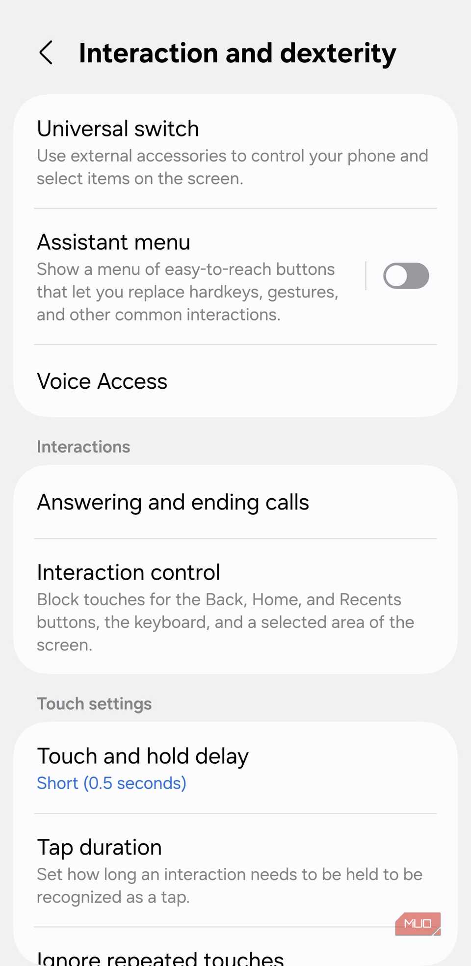 Interaction and dexterity menu on Android