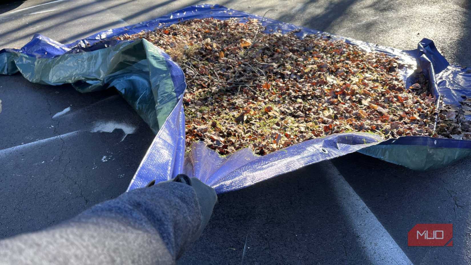 Arrastrando una lona con hojas en un camino de entrada