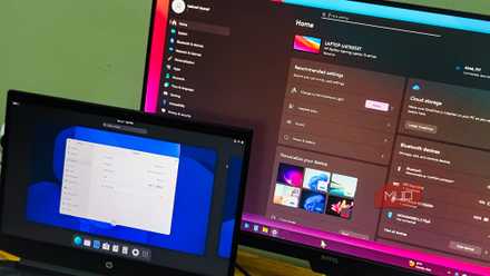 Linux GNOME open on a HP laptop and Windows 11 on a BENQ monitor