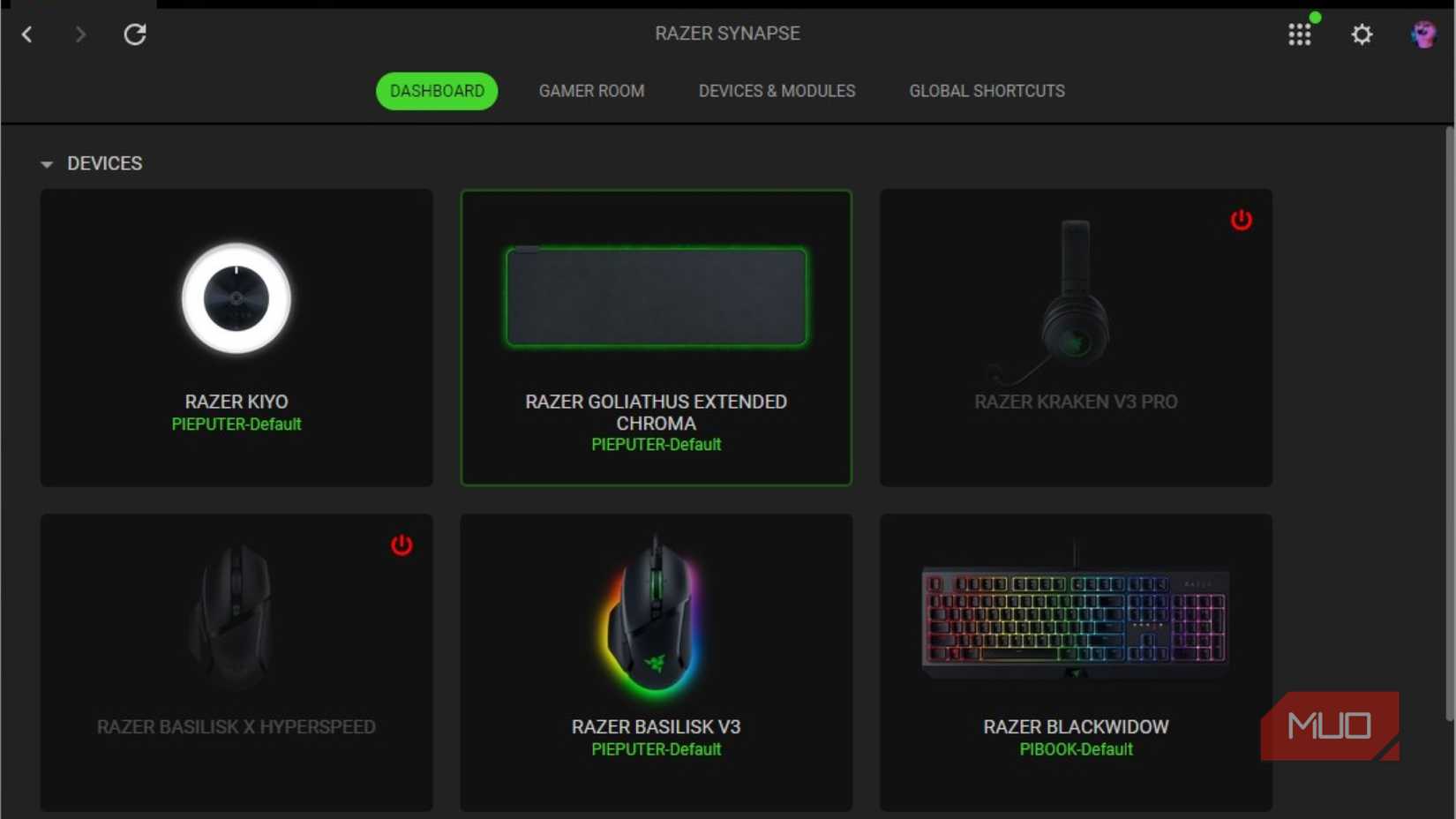 List of devices in the Razer Synapse dashboard
