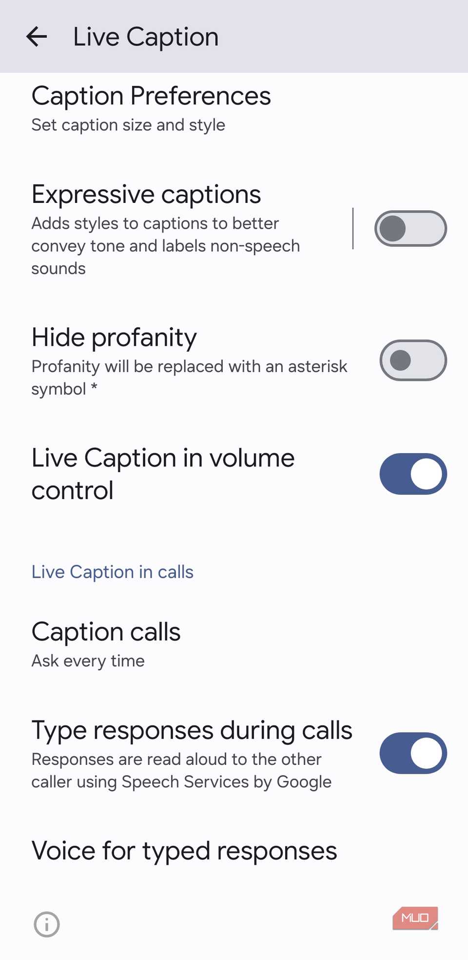 Live Caption settings on Android
