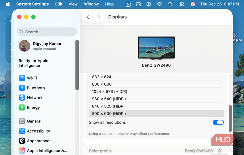 macOS display settings showing HiDPI resolutions
