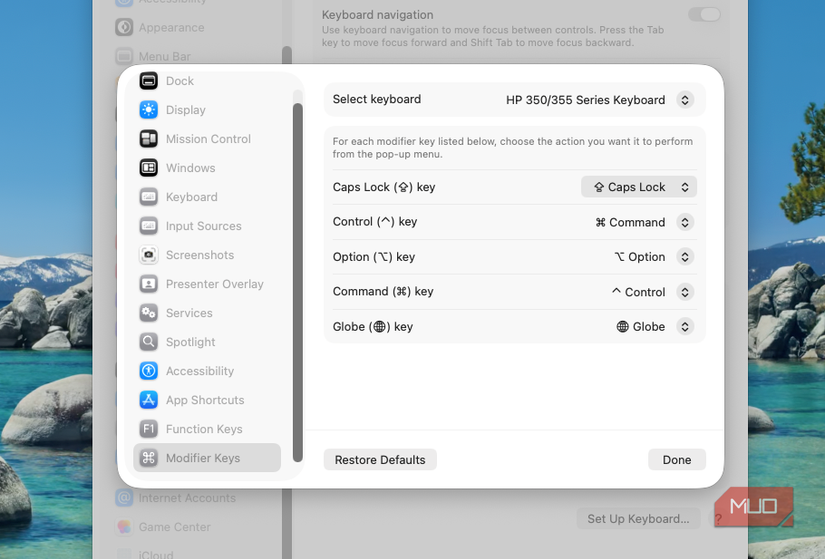 macOS modifier keys settings with Control and Command swapped on HP keyboard